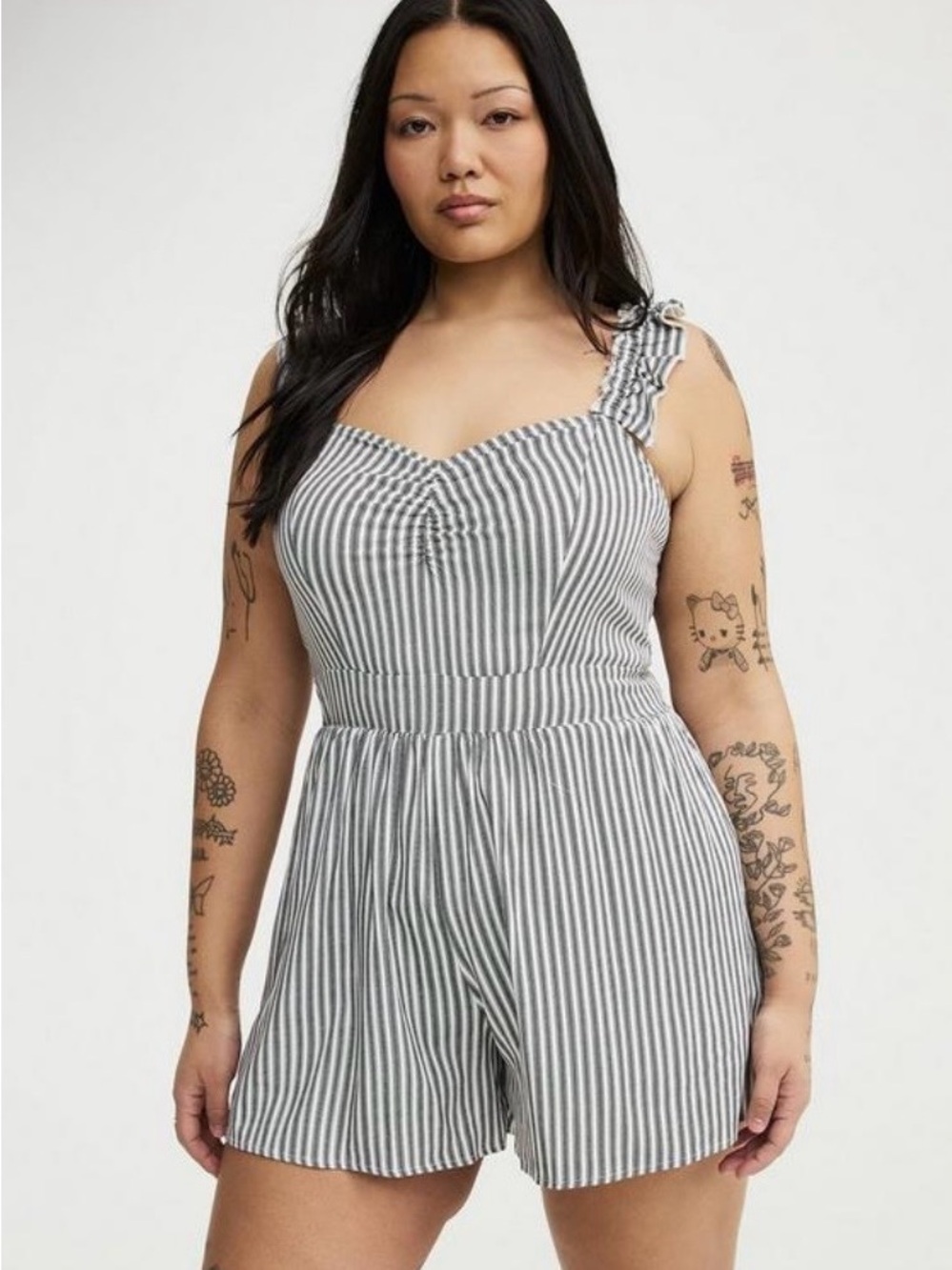 Torrid Striped Grey & White Ruffle Strap Romper - Size 0X - NWT!